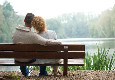 Couples Therapy Rear view couple sitting on bench outdoors
